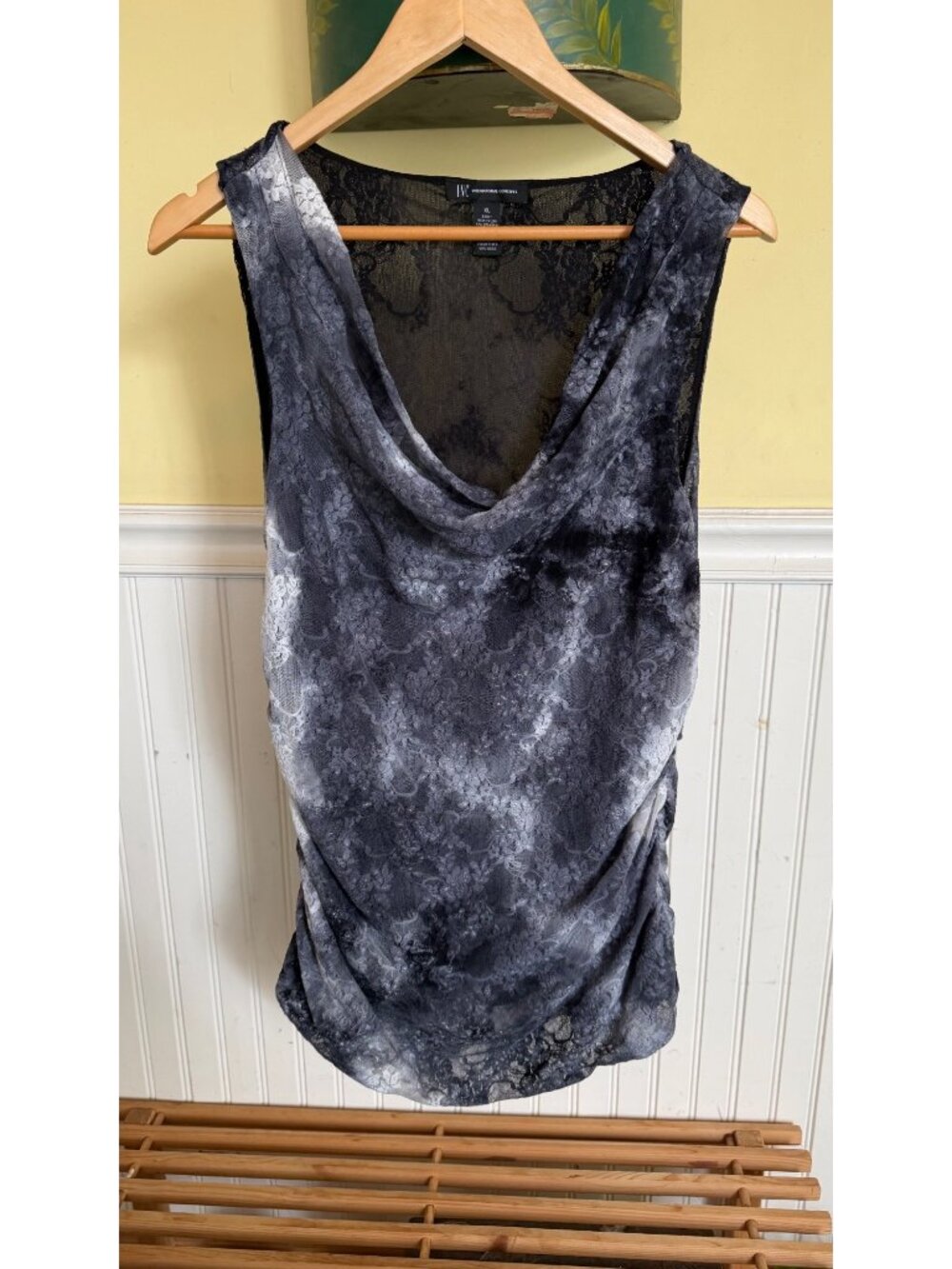 INC International Concepts Sleeveless Draped Lace Tank Top XL Black & Gray Nylon